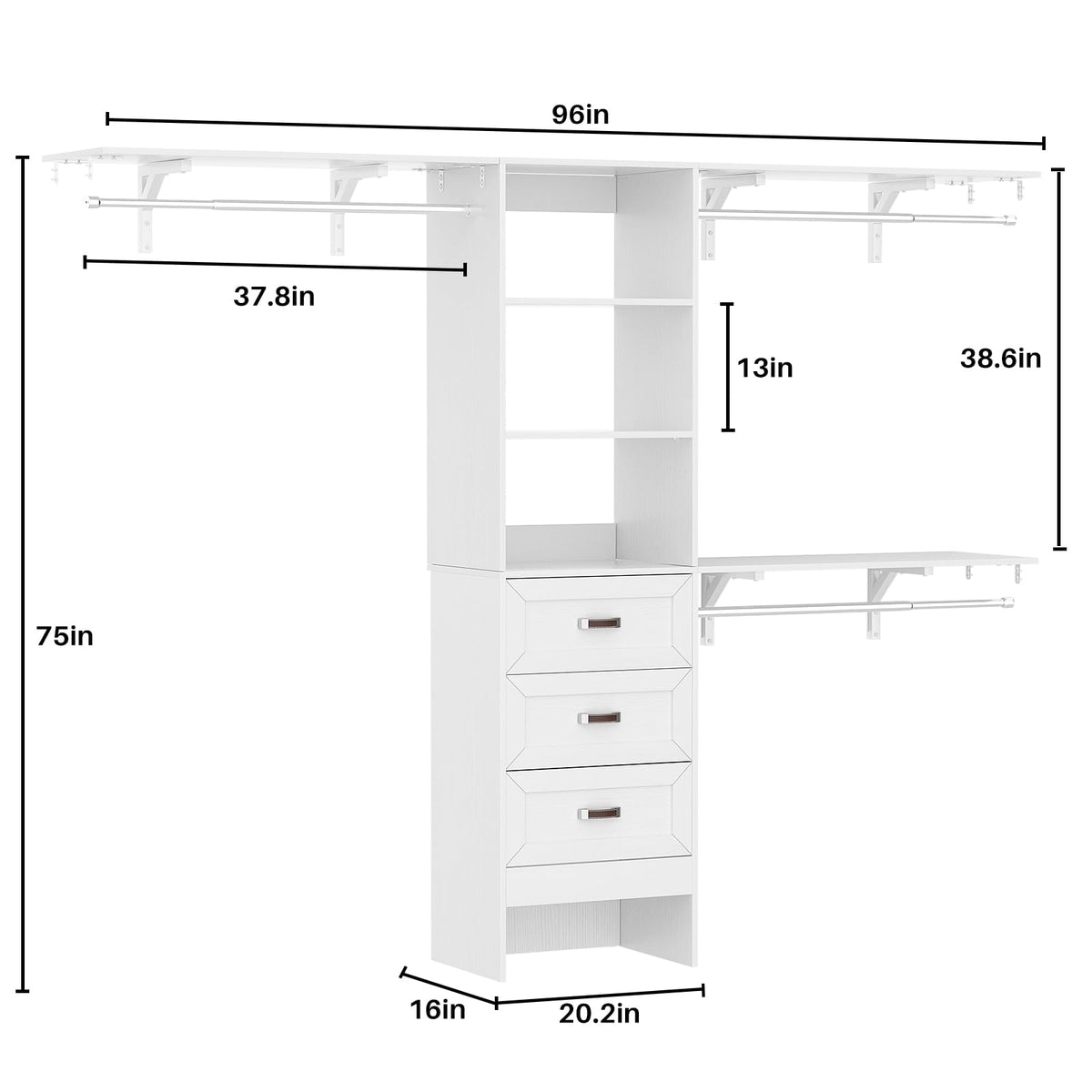 8FT White Wooden Closet System with 3 Drawers and 3 Hanging Rods Q150