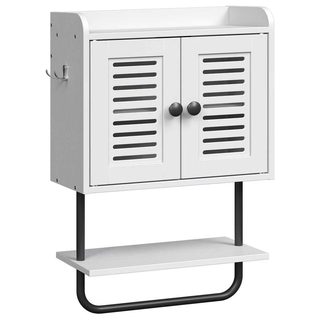 White Double Doors Bathroom Wall Cabinet with Towel Bar, Adjustable Shelf, 2 Hooks A4029