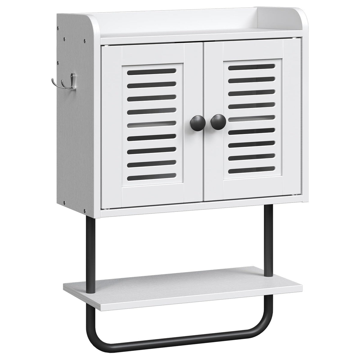 White Double Doors Bathroom Wall Cabinet with Towel Bar, Adjustable Shelf, 2 Hooks A4029