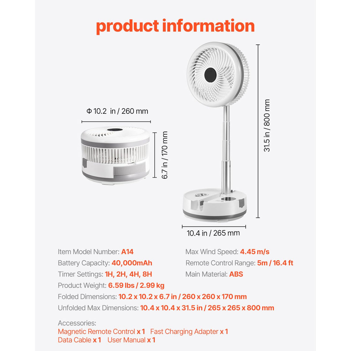 10 Inch Foldable Oscillating Fan, 9 Speeds 40000mAh Battery Portable Desk Fan K6822