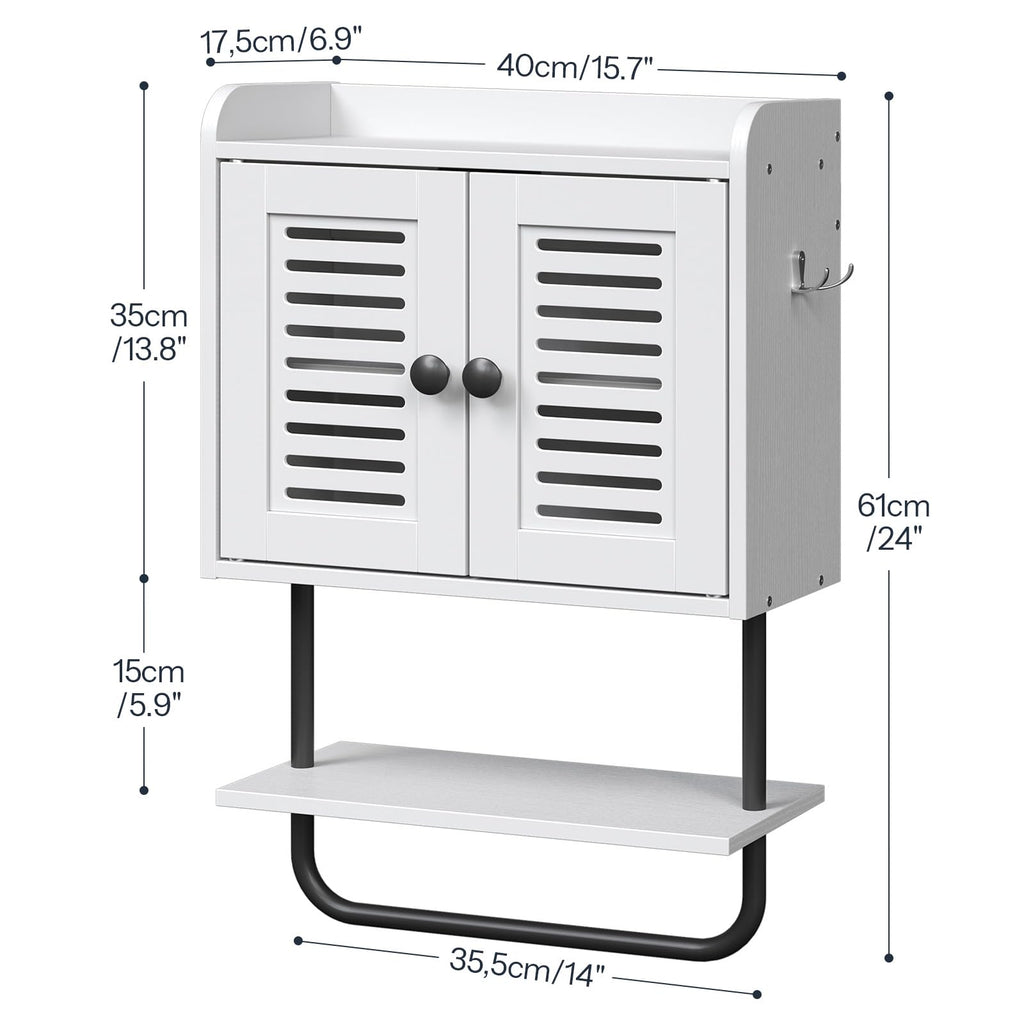 White Double Doors Bathroom Wall Cabinet with Towel Bar, Adjustable Shelf, 2 Hooks A4029