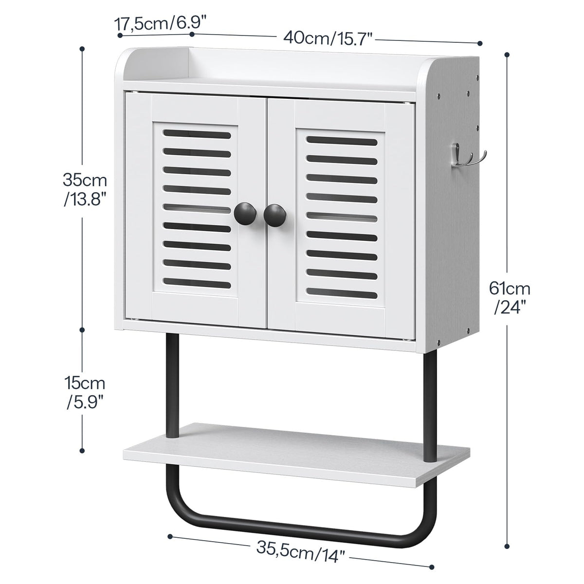 White Double Doors Bathroom Wall Cabinet with Towel Bar, Adjustable Shelf, 2 Hooks A4029