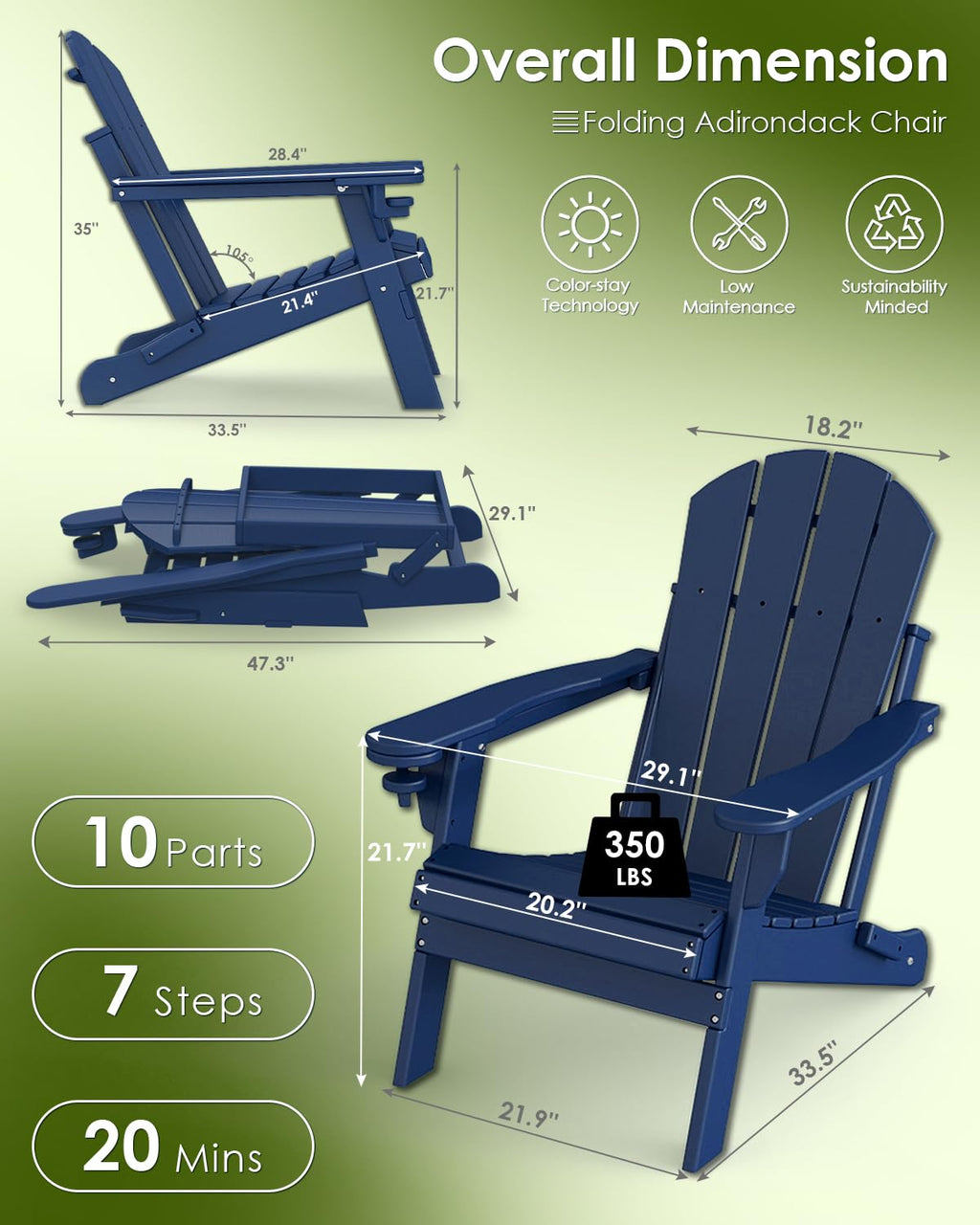 Folding Adirondack Chairs Set of 2 Blue N3409