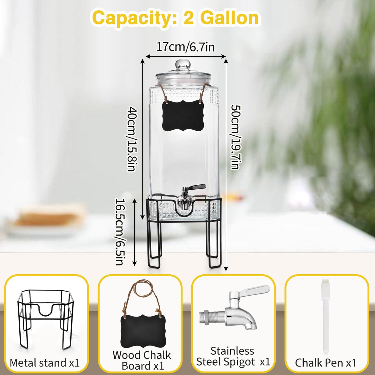 2 Gallon Glass Drink Dispenser with Stand and Glass Lid V9194
