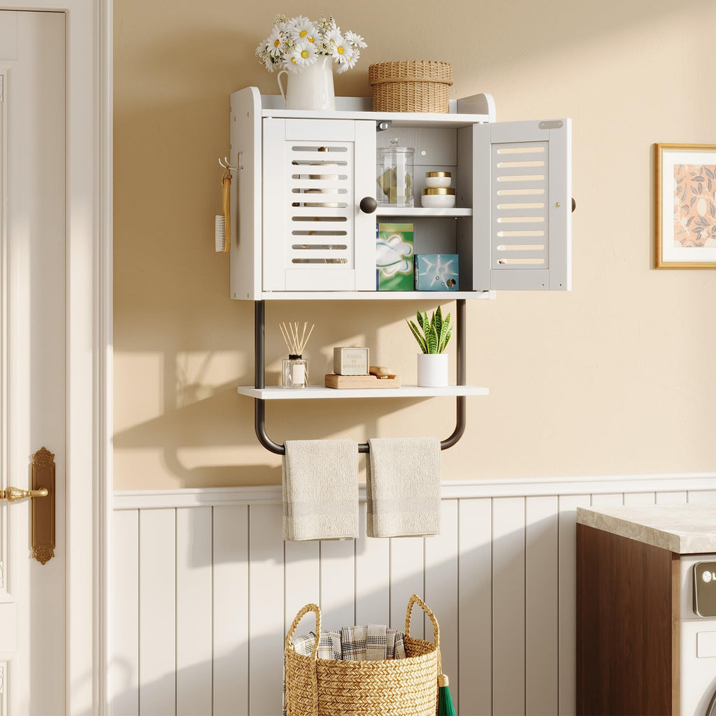 White Double Doors Bathroom Wall Cabinet with Towel Bar, Adjustable Shelf, 2 Hooks A4029