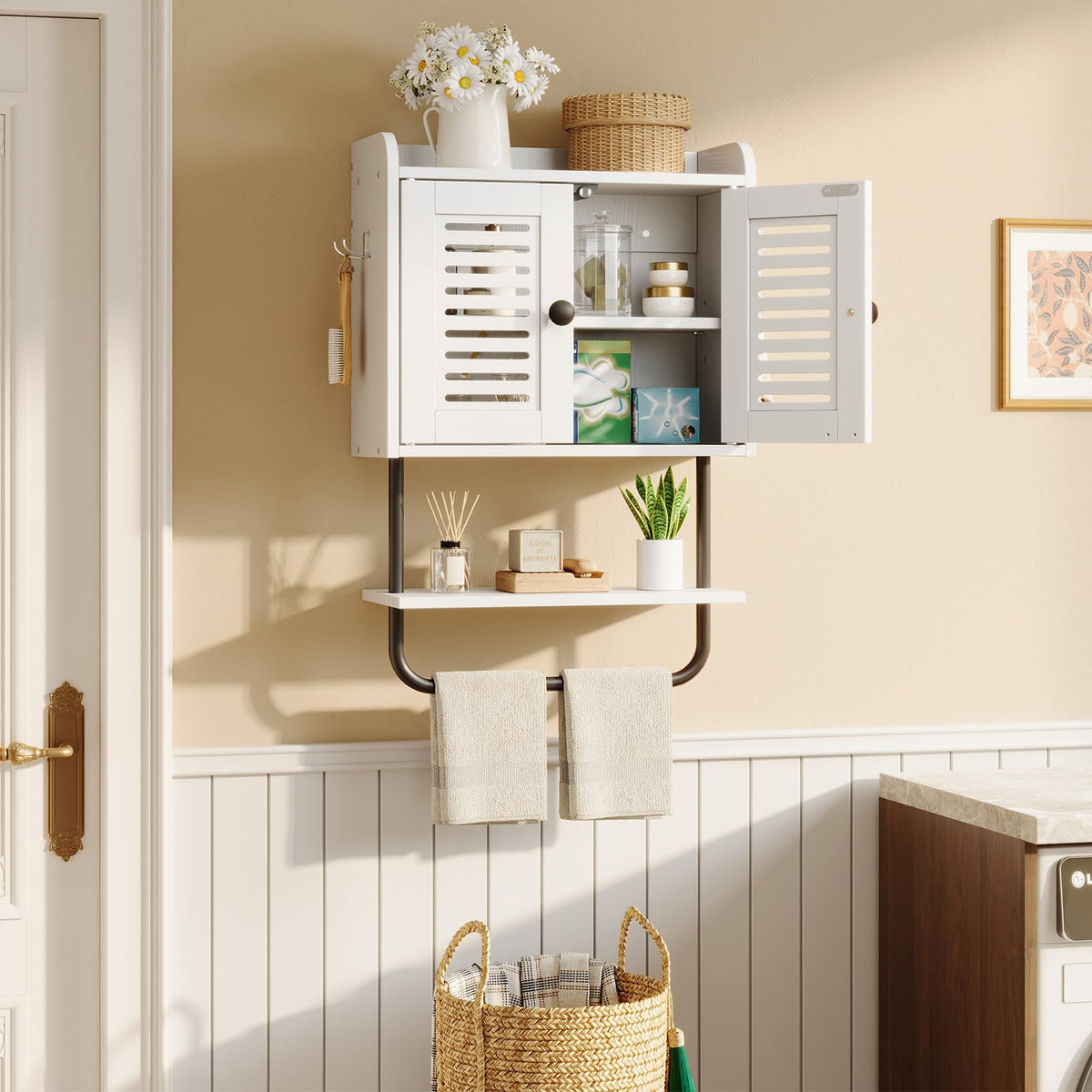 White Double Doors Bathroom Wall Cabinet with Towel Bar, Adjustable Shelf, 2 Hooks A4029