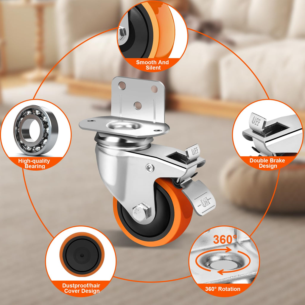 3 Inch Side Mount Casters Set of 4 with Brakes O2054