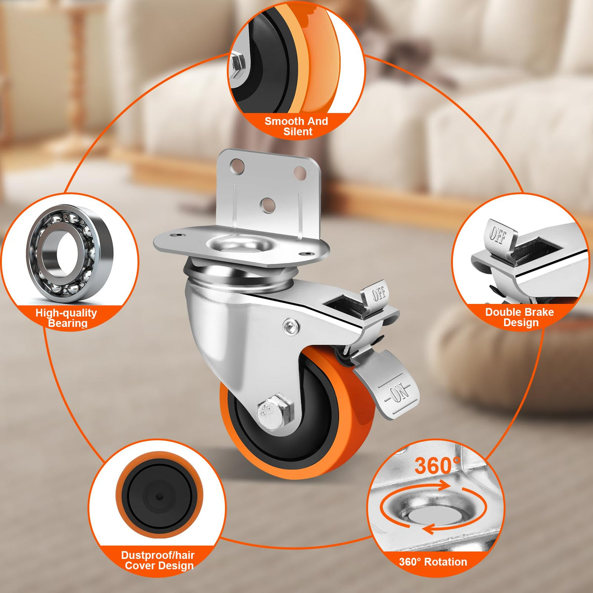 3 Inch Side Mount Casters Set of 4 with Brakes O2054