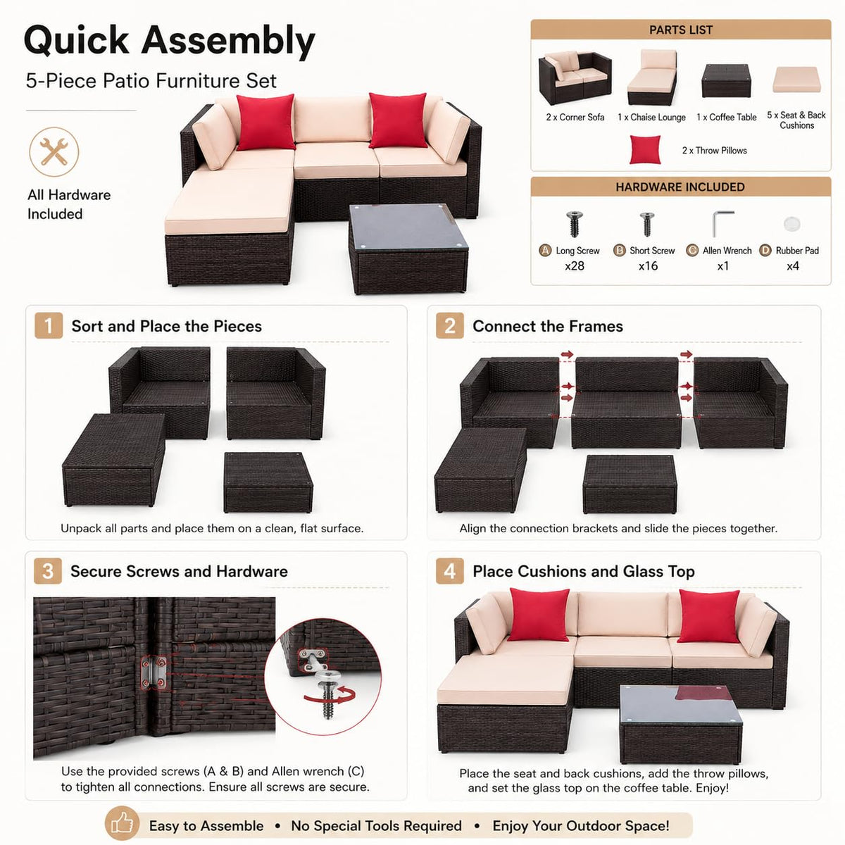 5-Piece Brown Wicker Outdoor Sofa Set with Cushions J532601