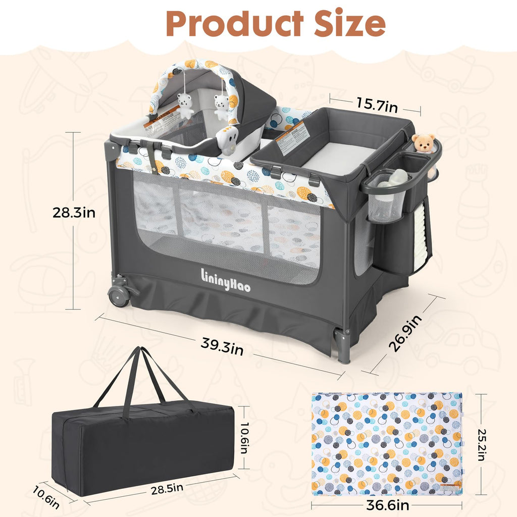 5-in-1 Pack and Play with Bassinet, Changing Table and Mat, Gray Q30341