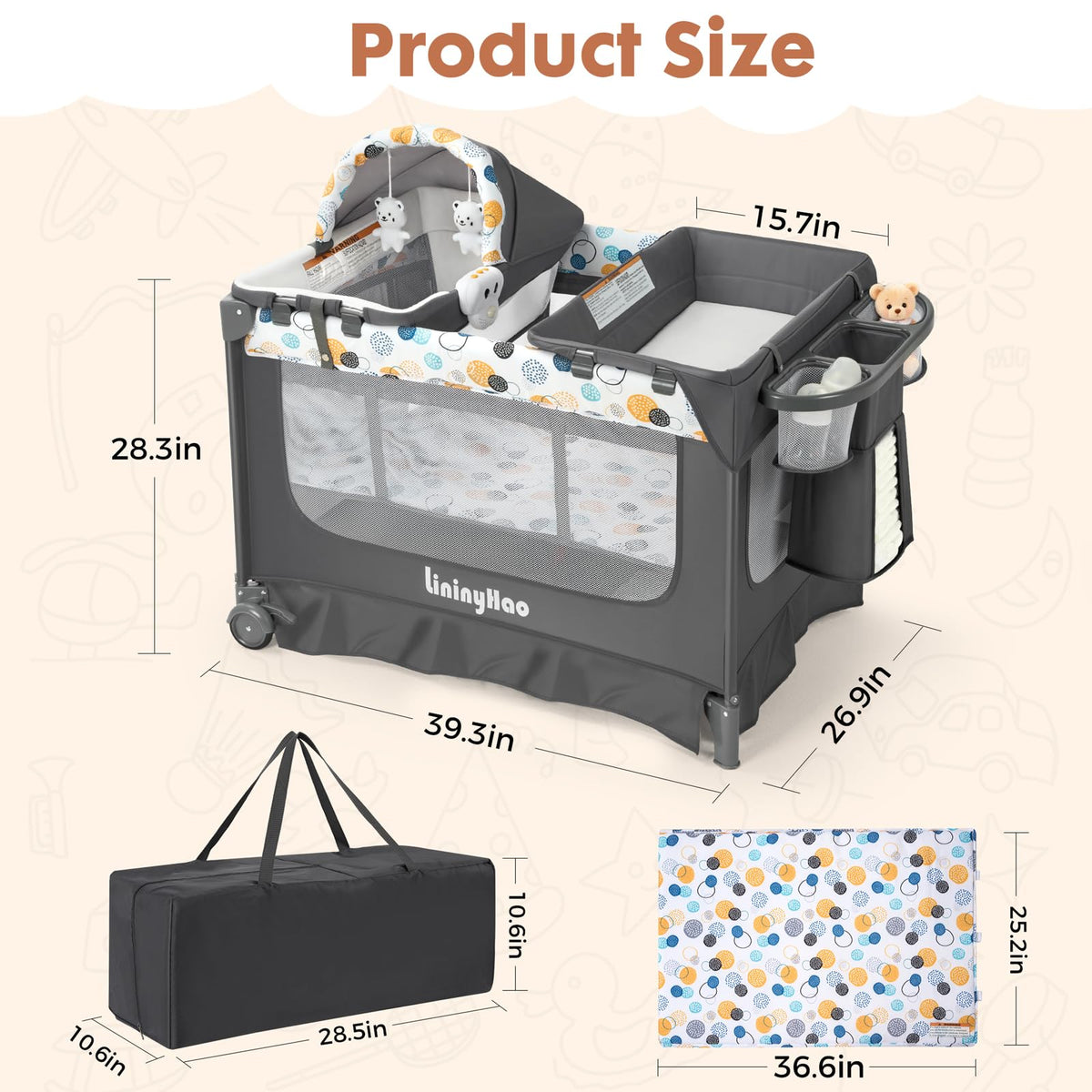 5-in-1 Pack and Play with Bassinet, Changing Table and Mat, Gray Q30341
