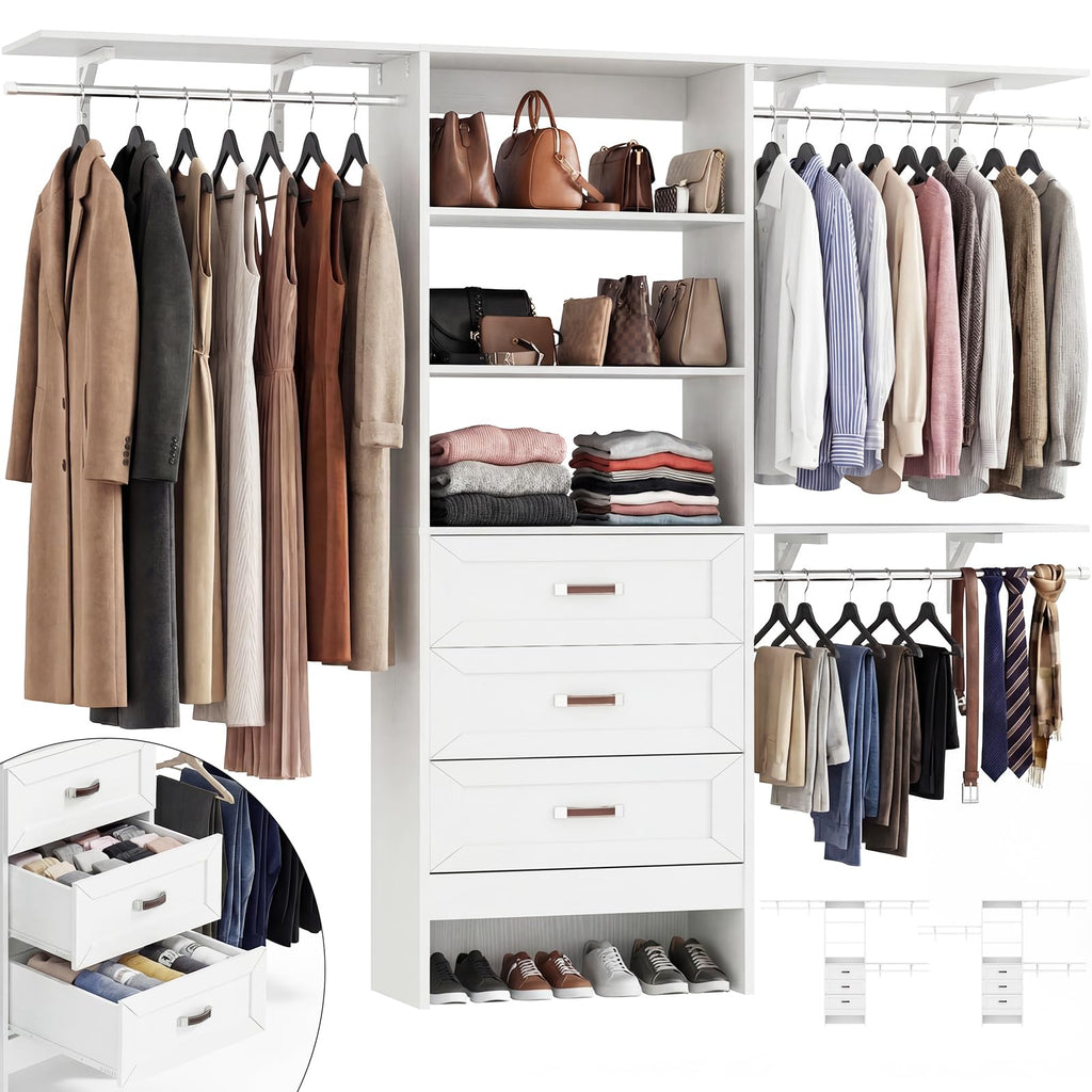 8FT White Wooden Closet System with 3 Drawers and 3 Hanging Rods Q150