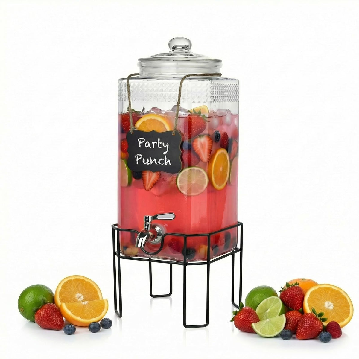 2 Gallon Glass Drink Dispenser with Stand and Glass Lid V9194