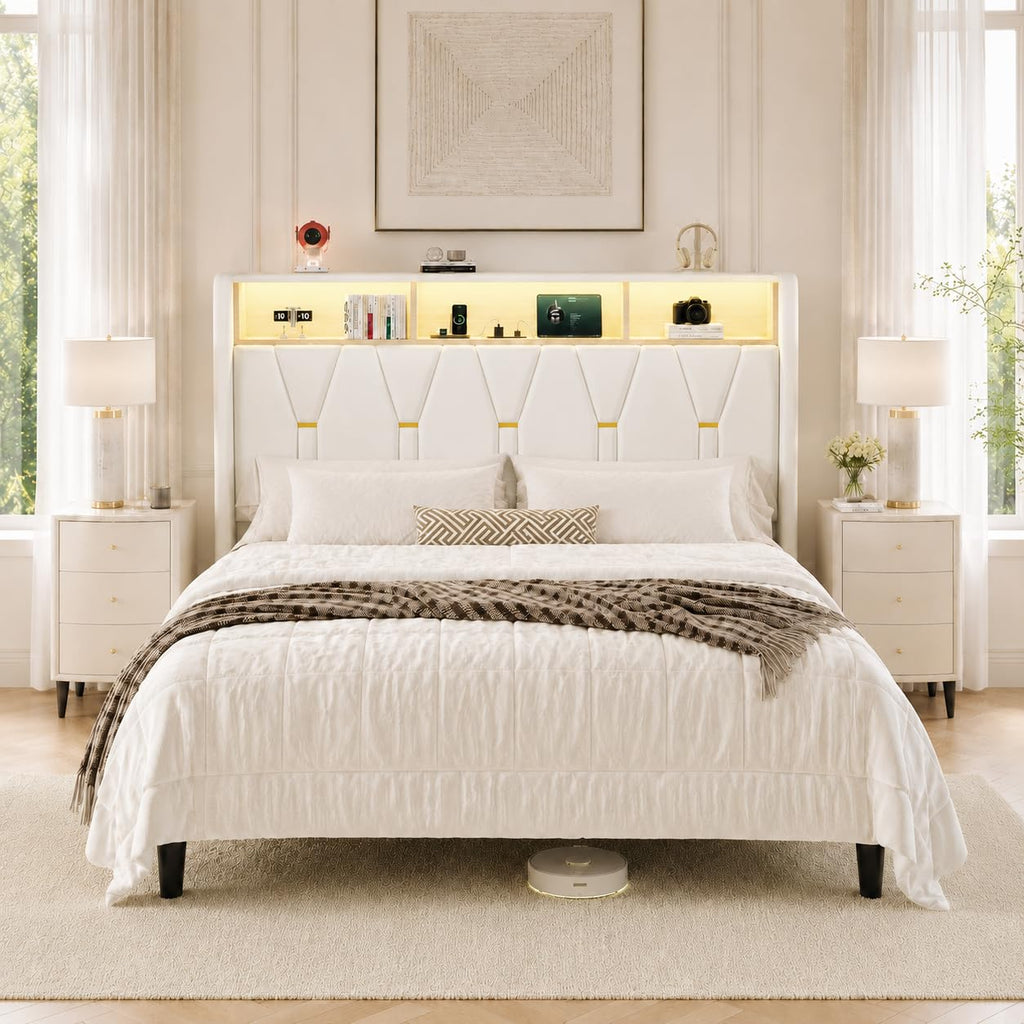 Full Size Bed Frame with 2-Tier Storage Headboard C40089