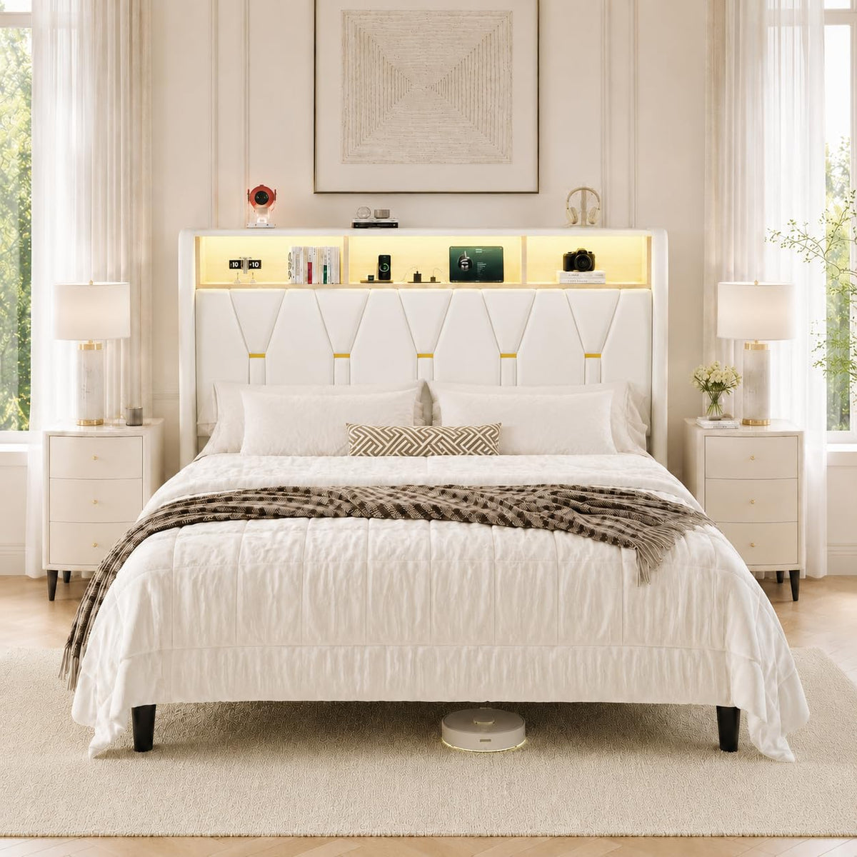 Full Size Bed Frame with 2-Tier Storage Headboard C40089