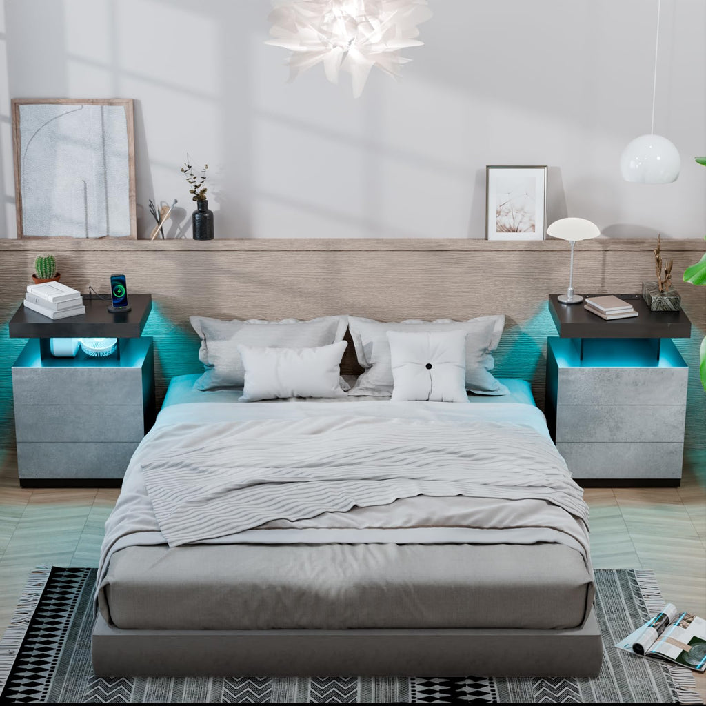 LED Nightstand with Wireless Charging Station & USB Ports, 3 Drawer High Gloss Gray C345111