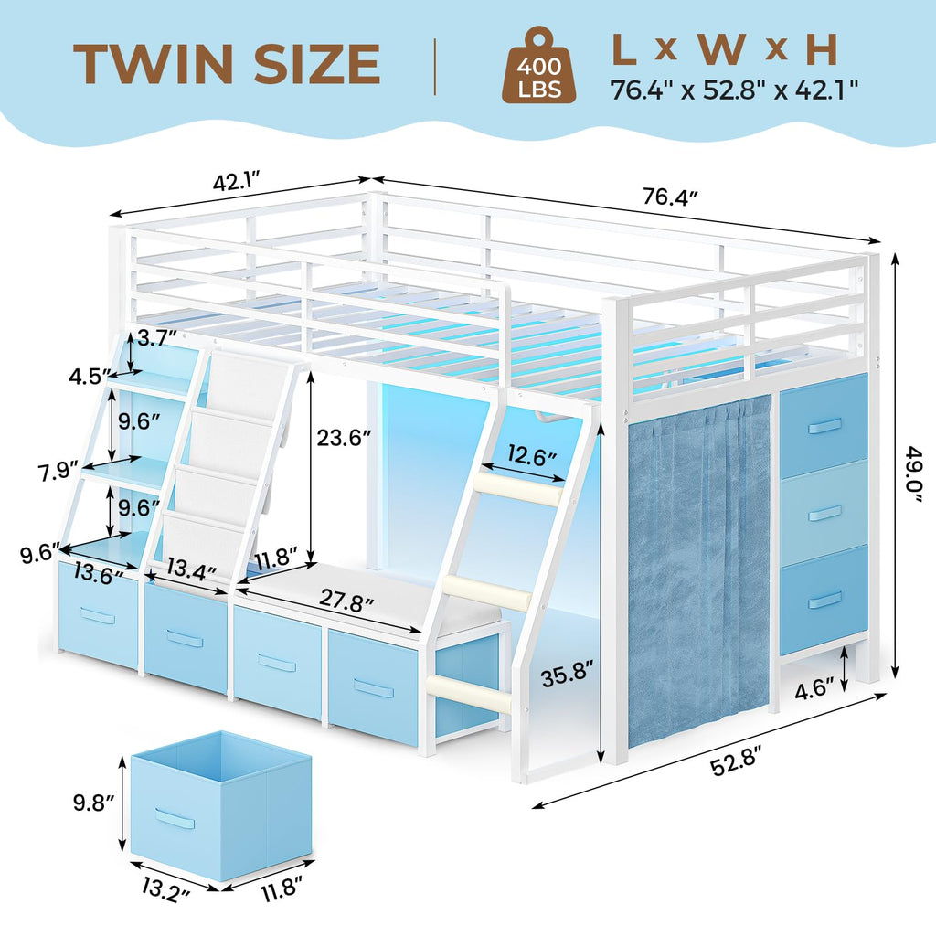 White & Blue Twin Loft Bed with 7 Storage Drawers W45122
