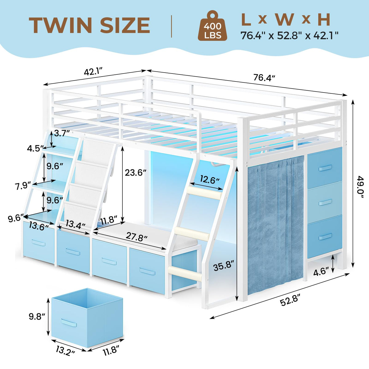 White & Blue Twin Loft Bed with 7 Storage Drawers W45122