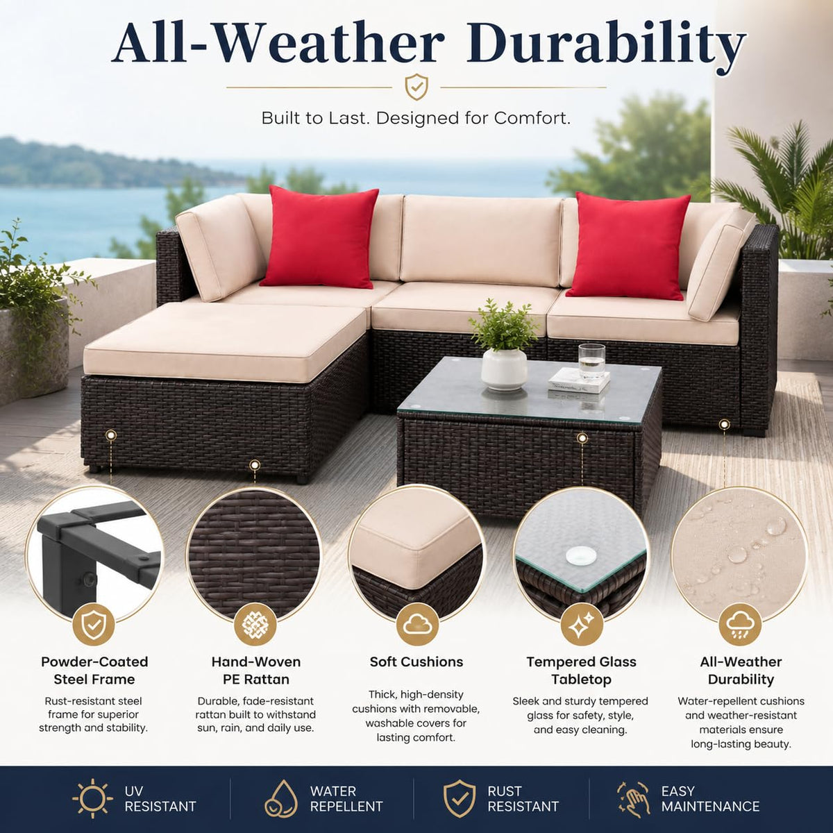 5-Piece Brown Wicker Outdoor Sofa Set with Cushions J532601