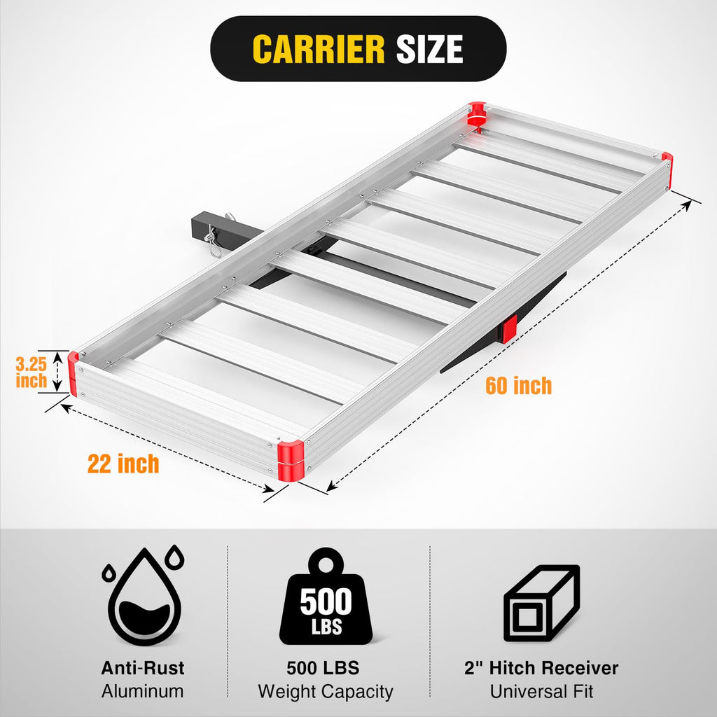 Aluminum Hitch Cargo Carrier 60" x 22" x 3.25" 500 lbs Cargo Basket for 2" Receiver O6100