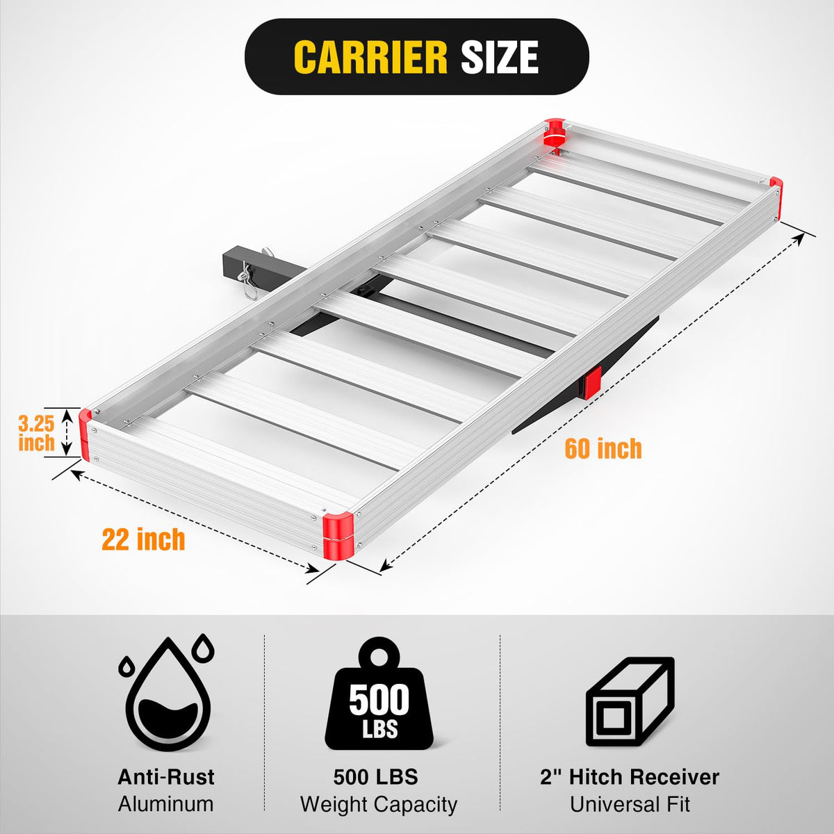 Aluminum Hitch Cargo Carrier 60" x 22" x 3.25" 500 lbs Cargo Basket for 2" Receiver O6100
