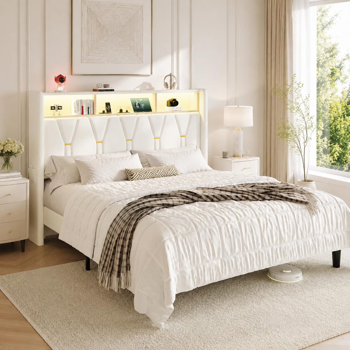 Full Size Bed Frame with 2-Tier Storage Headboard C40089