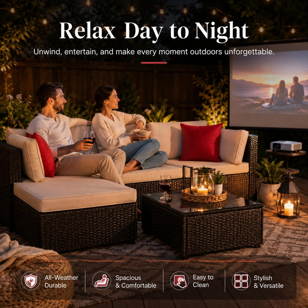 5-Piece Brown Wicker Outdoor Sofa Set with Cushions J532601