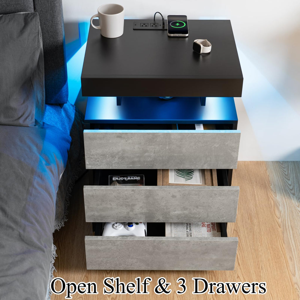 LED Nightstand with Wireless Charging Station & USB Ports, 3 Drawer High Gloss Gray C345111
