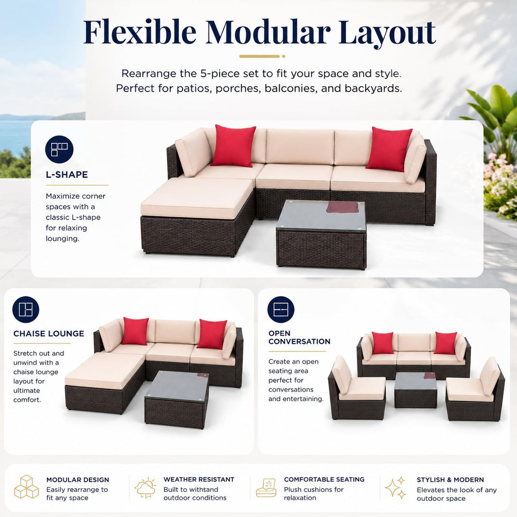 5-Piece Brown Wicker Outdoor Sofa Set with Cushions J532601