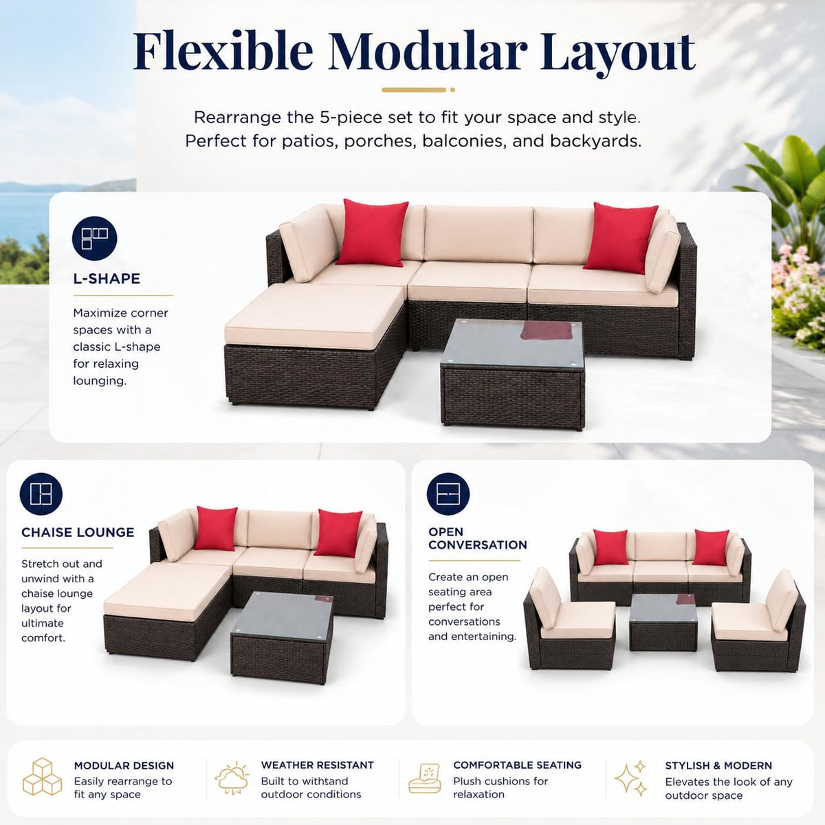 5-Piece Brown Wicker Outdoor Sofa Set with Cushions J532601
