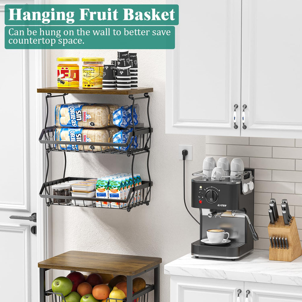 3 Tier Countertop Fruit Basket Bread Bowl with 2 Banana Hangers W197