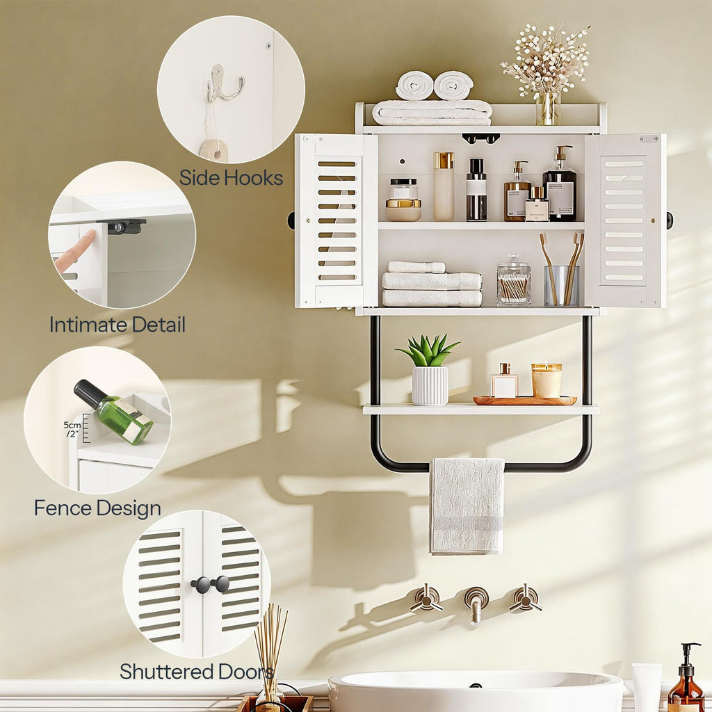 White Double Doors Bathroom Wall Cabinet with Towel Bar, Adjustable Shelf, 2 Hooks A4029