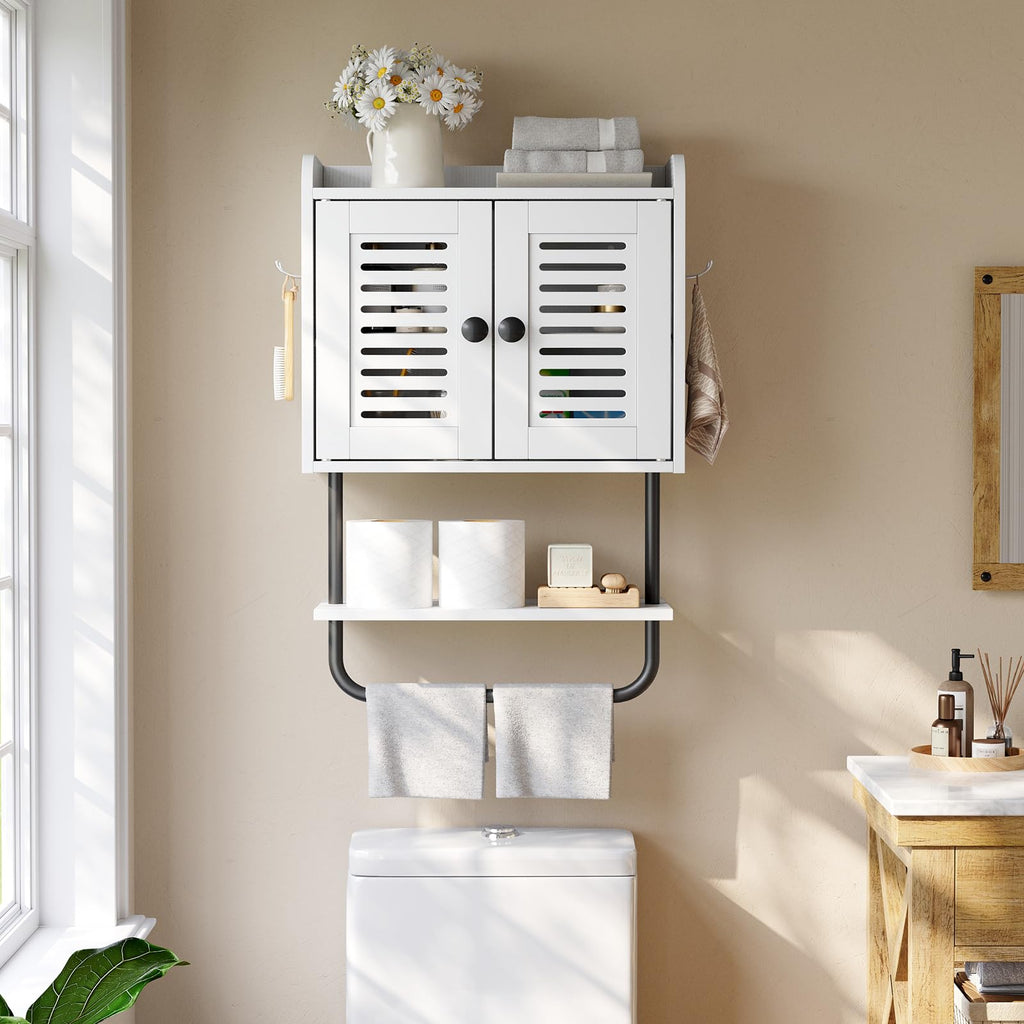 White Double Doors Bathroom Wall Cabinet with Towel Bar, Adjustable Shelf, 2 Hooks A4029