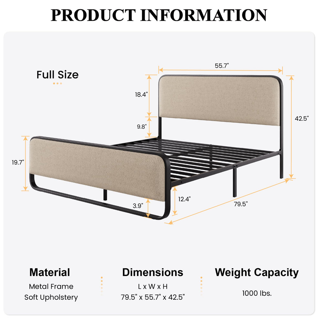 Full Size Metal Bed Frame with Upholstered Headboard Z22380