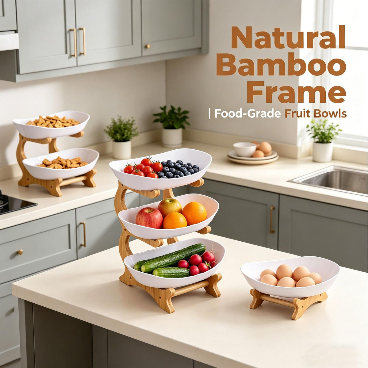 3 Tier Oval Fruit Basket with Bamboo Stand U4044