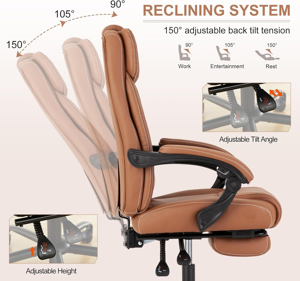 Brown Ergonomic Reclining Office Chair with Footrest and Lumbar Support Q896030