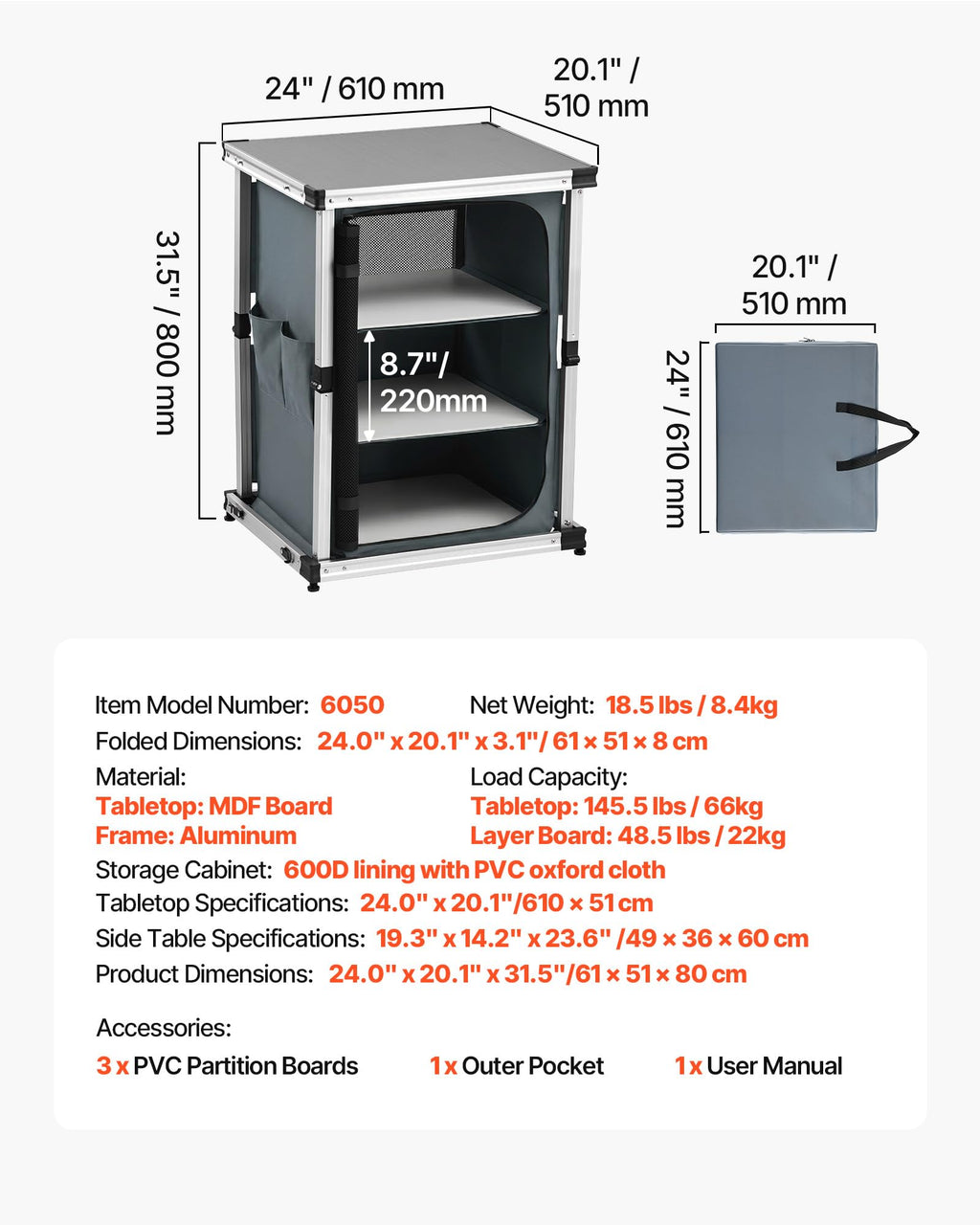 Folding Camping Storage Cabinet with 3 Shelves and Carry Bag P4384
