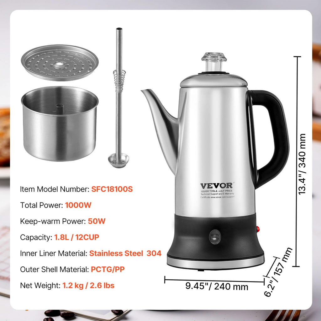 12-Cup Stainless Steel Electric Percolator Coffee Pot W9681