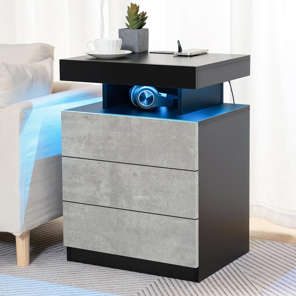 LED Nightstand with Wireless Charging Station & USB Ports, 3 Drawer High Gloss Gray C345111