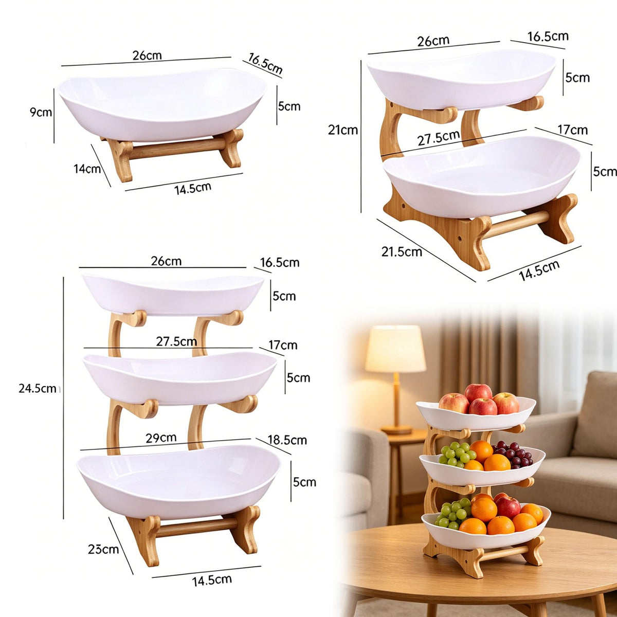 3 Tier Oval Fruit Basket with Bamboo Stand U4044