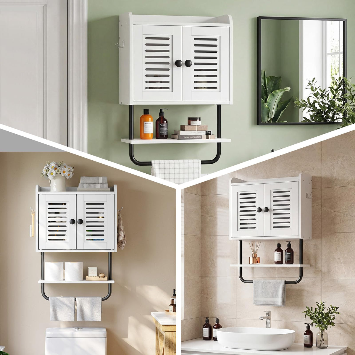 White Double Doors Bathroom Wall Cabinet with Towel Bar, Adjustable Shelf, 2 Hooks A4029