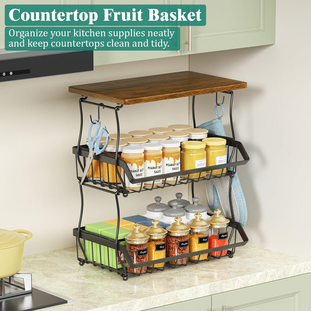 3 Tier Countertop Fruit Basket Bread Bowl with 2 Banana Hangers W197
