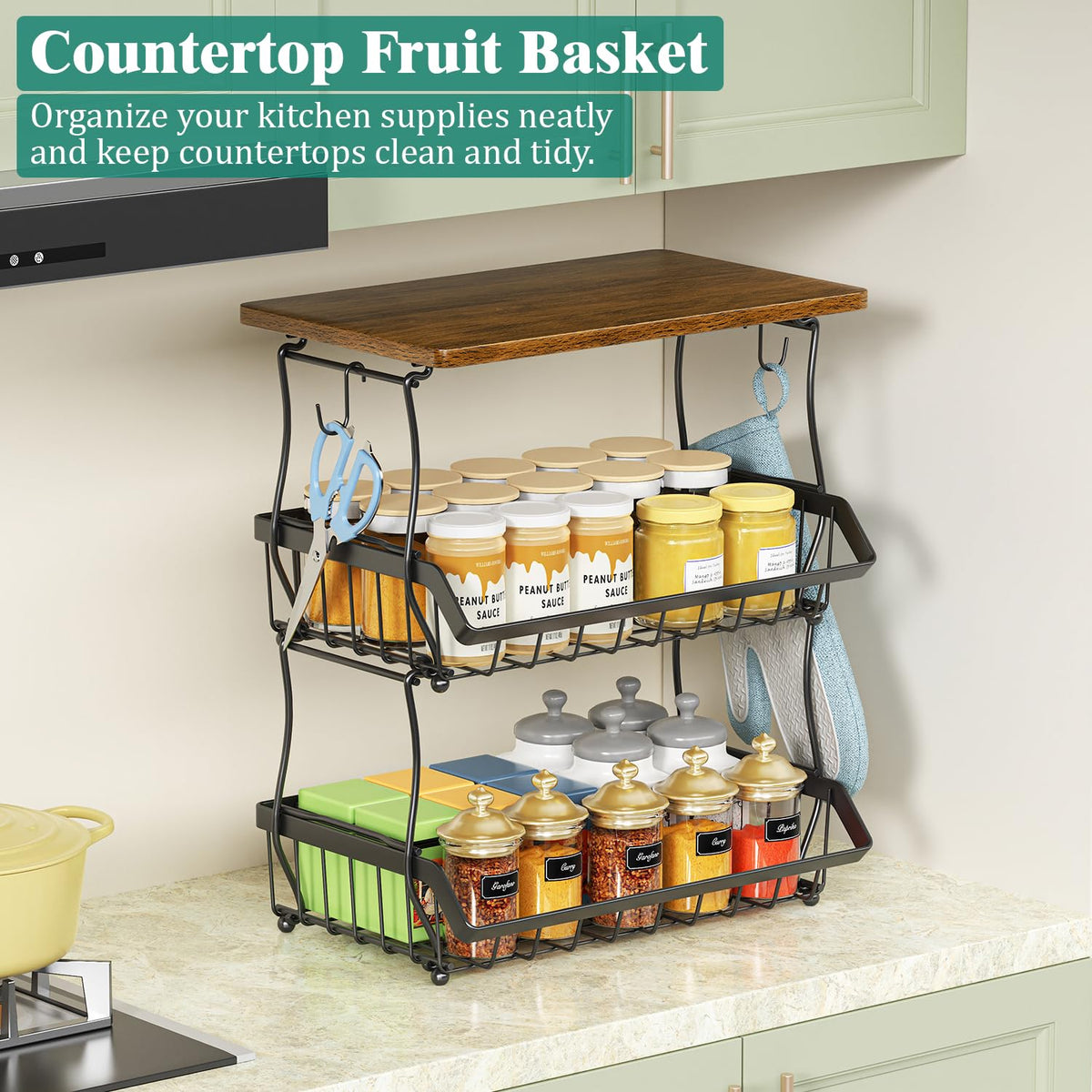 3 Tier Countertop Fruit Basket Bread Bowl with 2 Banana Hangers W197