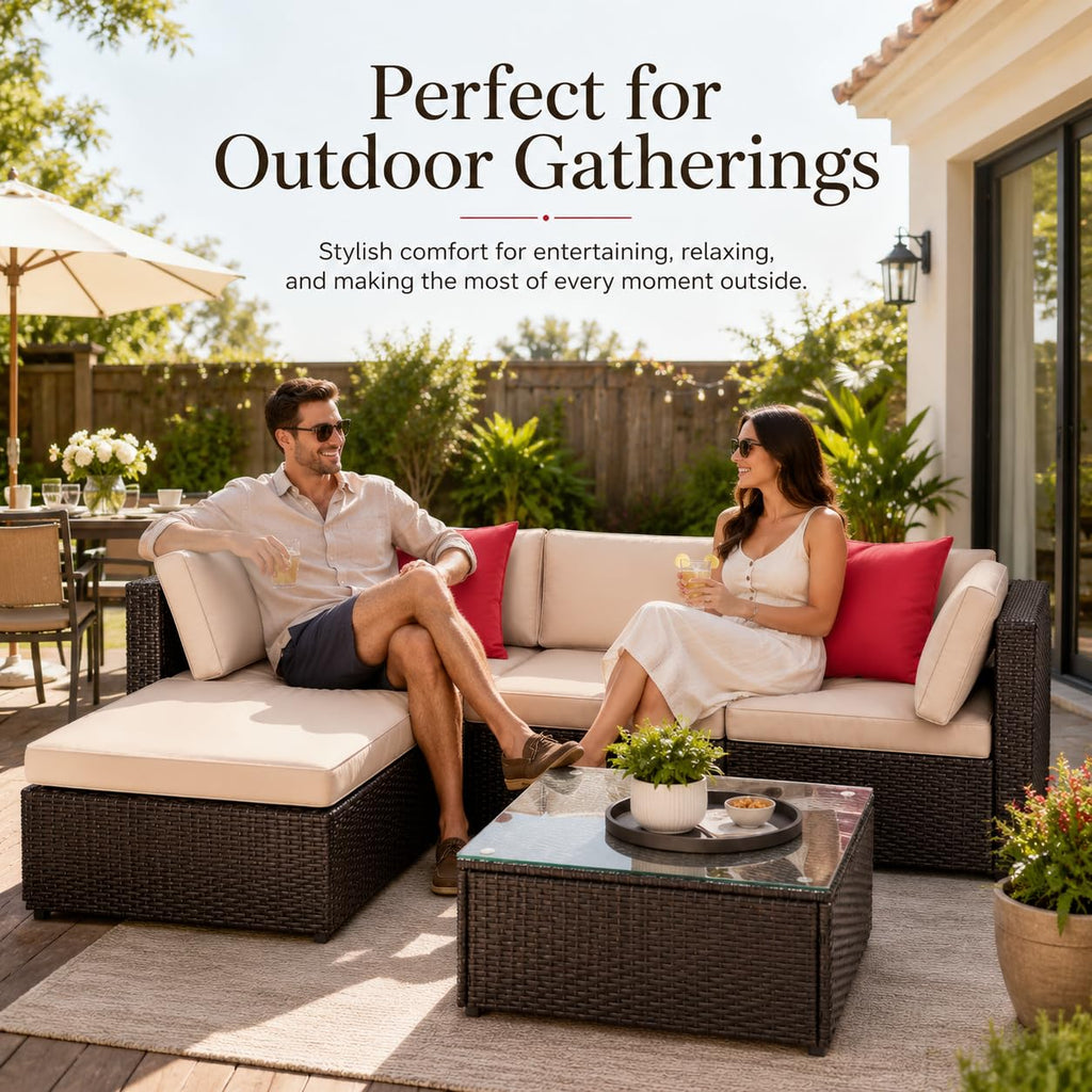 5-Piece Brown Wicker Outdoor Sofa Set with Cushions J532601