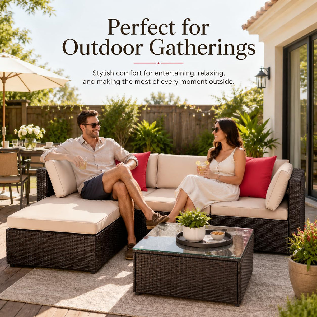 5-Piece Brown Wicker Outdoor Sofa Set with Cushions J532601