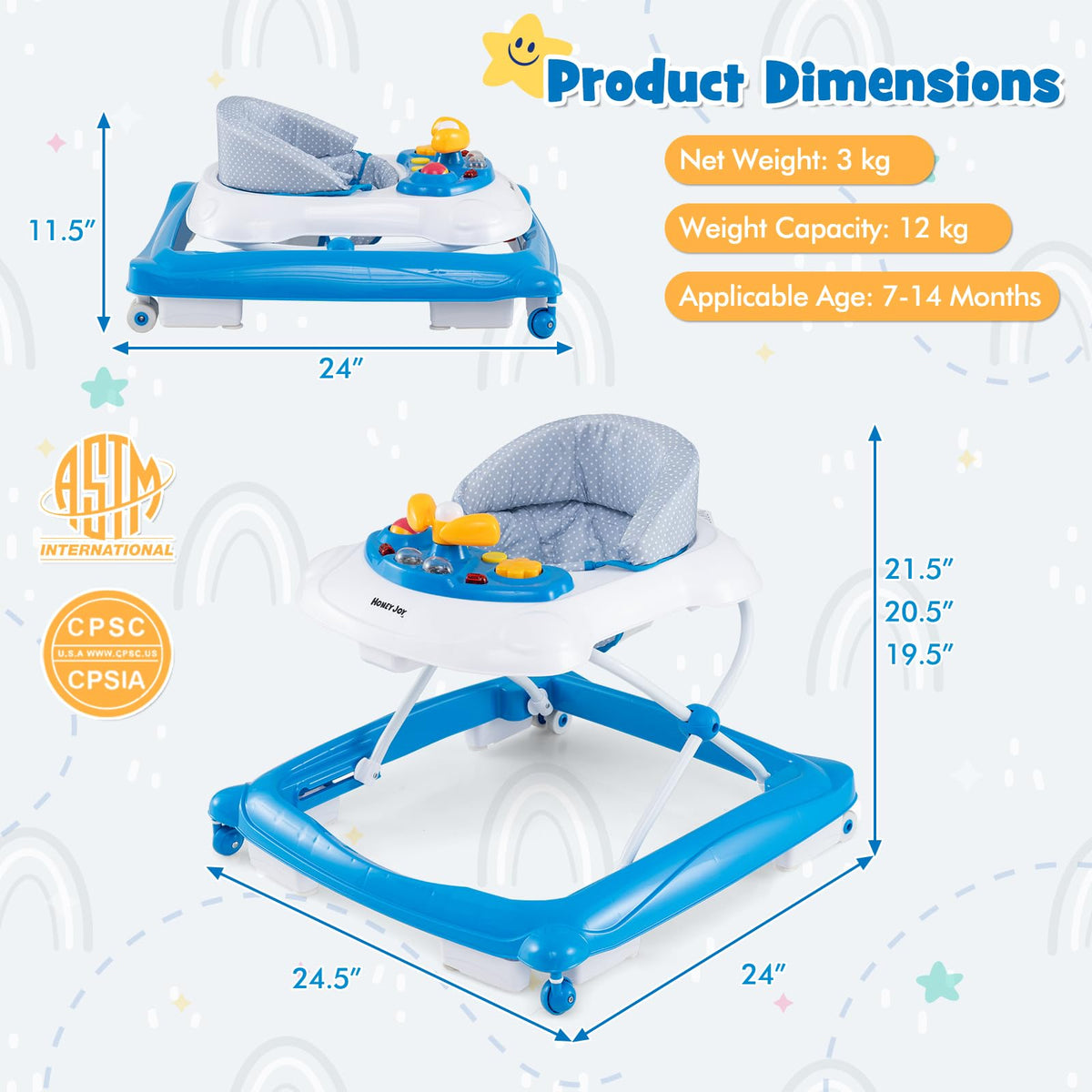 Blue 5 in 1 Foldable Baby Walker with Wheels D5639