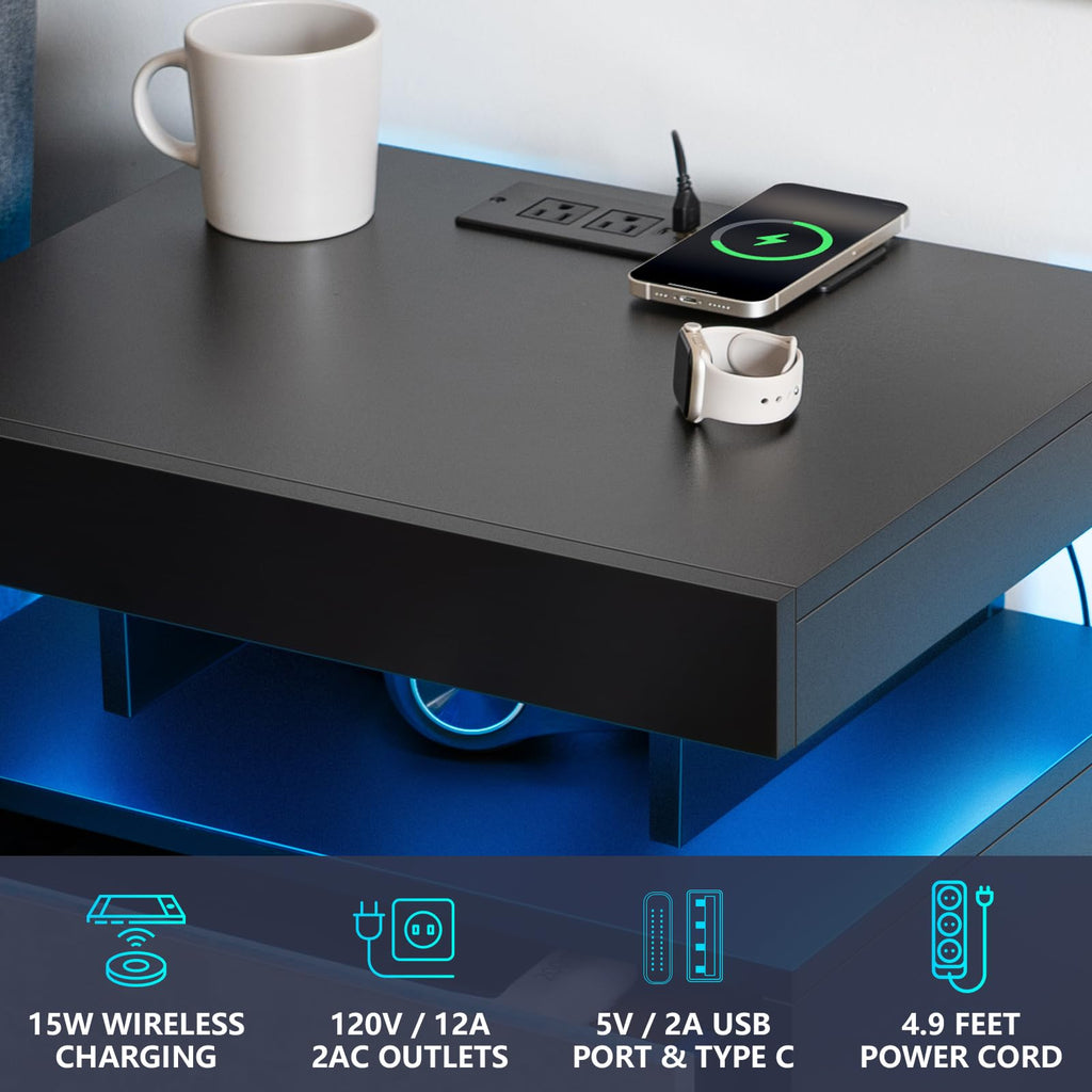 LED Nightstand with Wireless Charging Station & USB Ports, 3 Drawer High Gloss Gray C345111