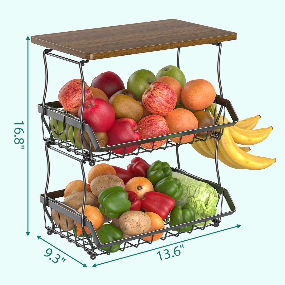 3 Tier Countertop Fruit Basket Bread Bowl with 2 Banana Hangers W197