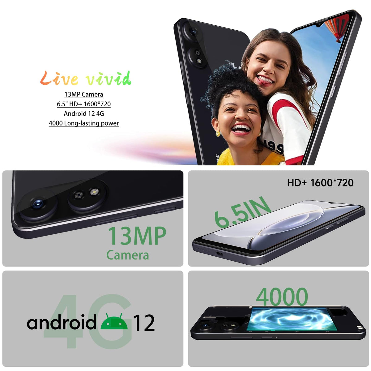 4G LTE Unlocked Cell Phone 6.5” HD+ Screen 3GB RAM Android 12 13MP Dual SIM Black G205737