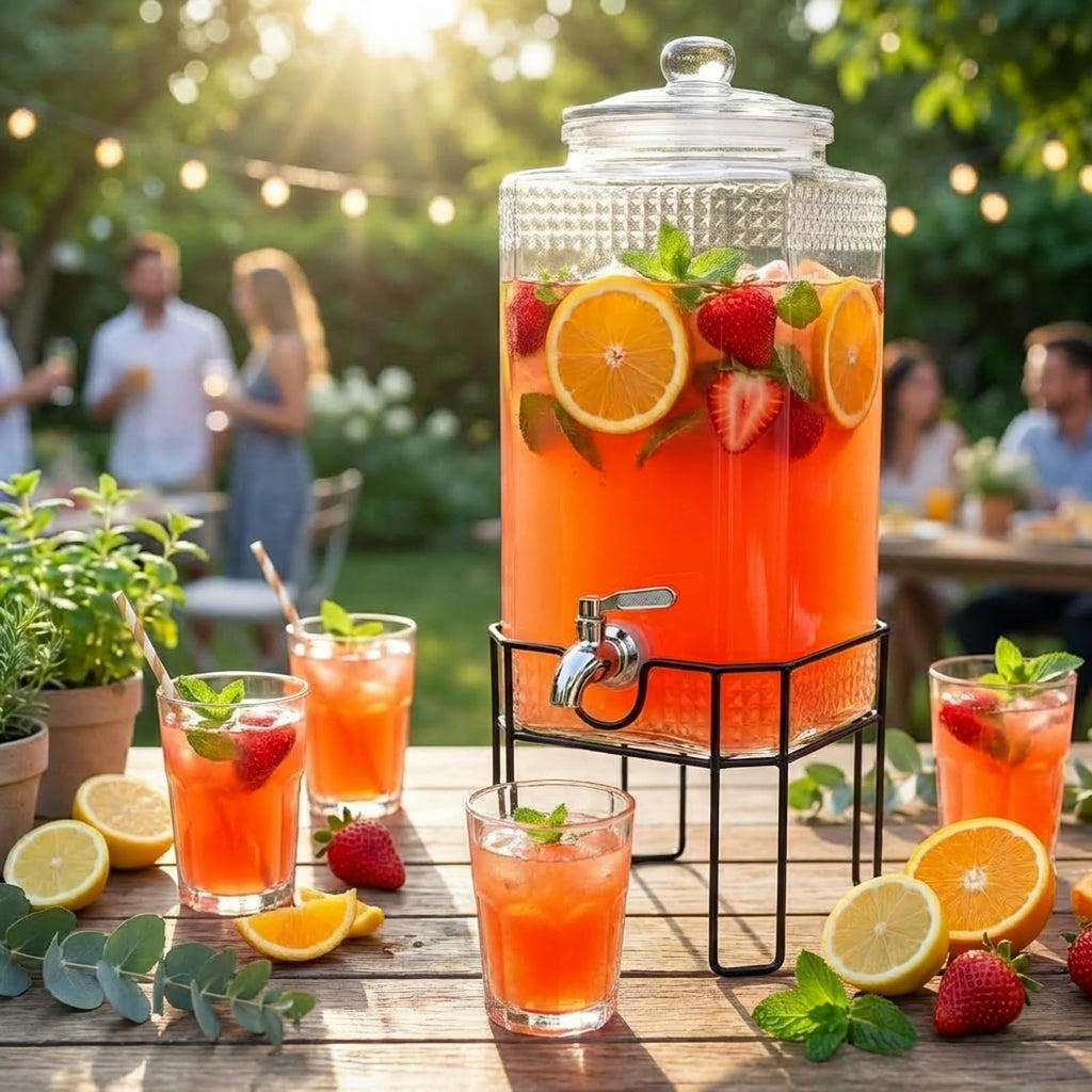 2 Gallon Glass Drink Dispenser with Stand and Glass Lid V9194